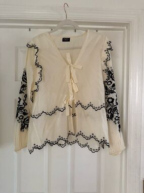Elizabeth Gillett via Anthropologie Cream Tie-Front Embroidered Women’s Top